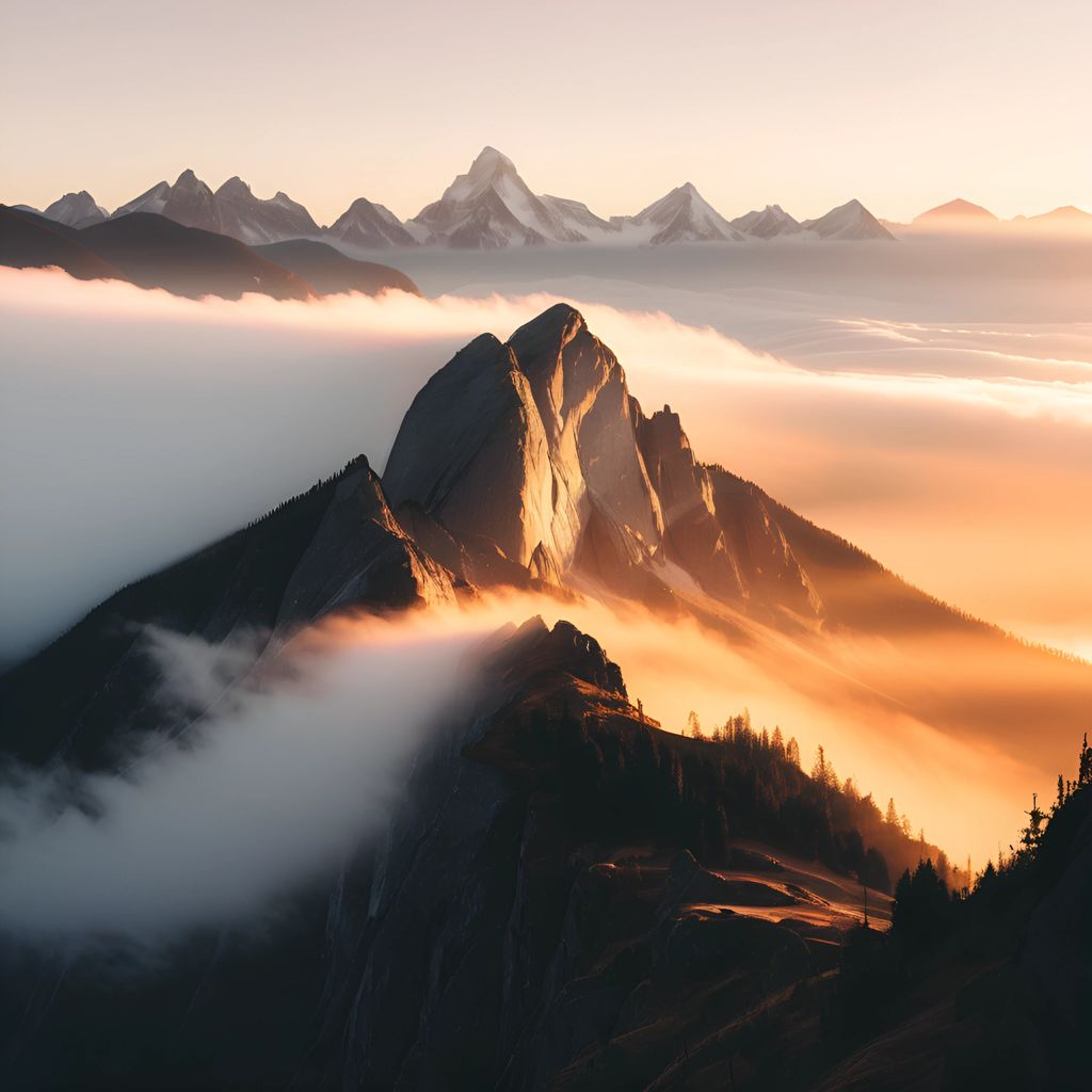 Golden-hour mountains above a quiet valley.