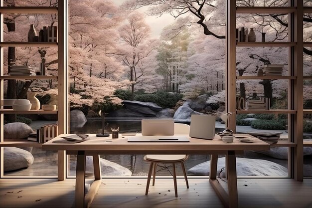  A luminous, elegant workspace overlooking a tranquil garden.