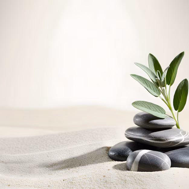 A minimalist, serene image with balanced stones and delicate plant.